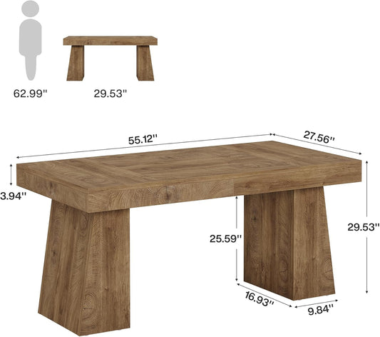 55" Executive Desk, Wooden Office Desk with Double Pedestal, Modern Simple Computer Writing Table for Home Office, Light Brown