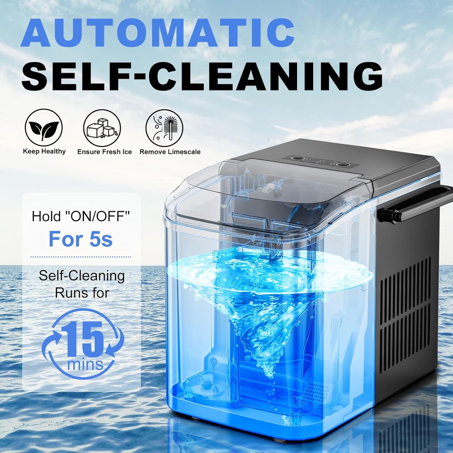 Ice Makers Countertop with Handle, Portable Ice Machine, 9 Bullet Cubes in 6 Mins, 26Lbs in 24Hrs, Auto-Cleaning, with Basket and Scoop, for Home, Kitchen, RV, Camping, Black