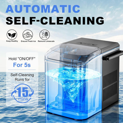 Ice Makers Countertop with Handle, Portable Ice Machine, 9 Bullet Cubes in 6 Mins, 26Lbs in 24Hrs, Auto-Cleaning, with Basket and Scoop, for Home, Kitchen, RV, Camping, Black