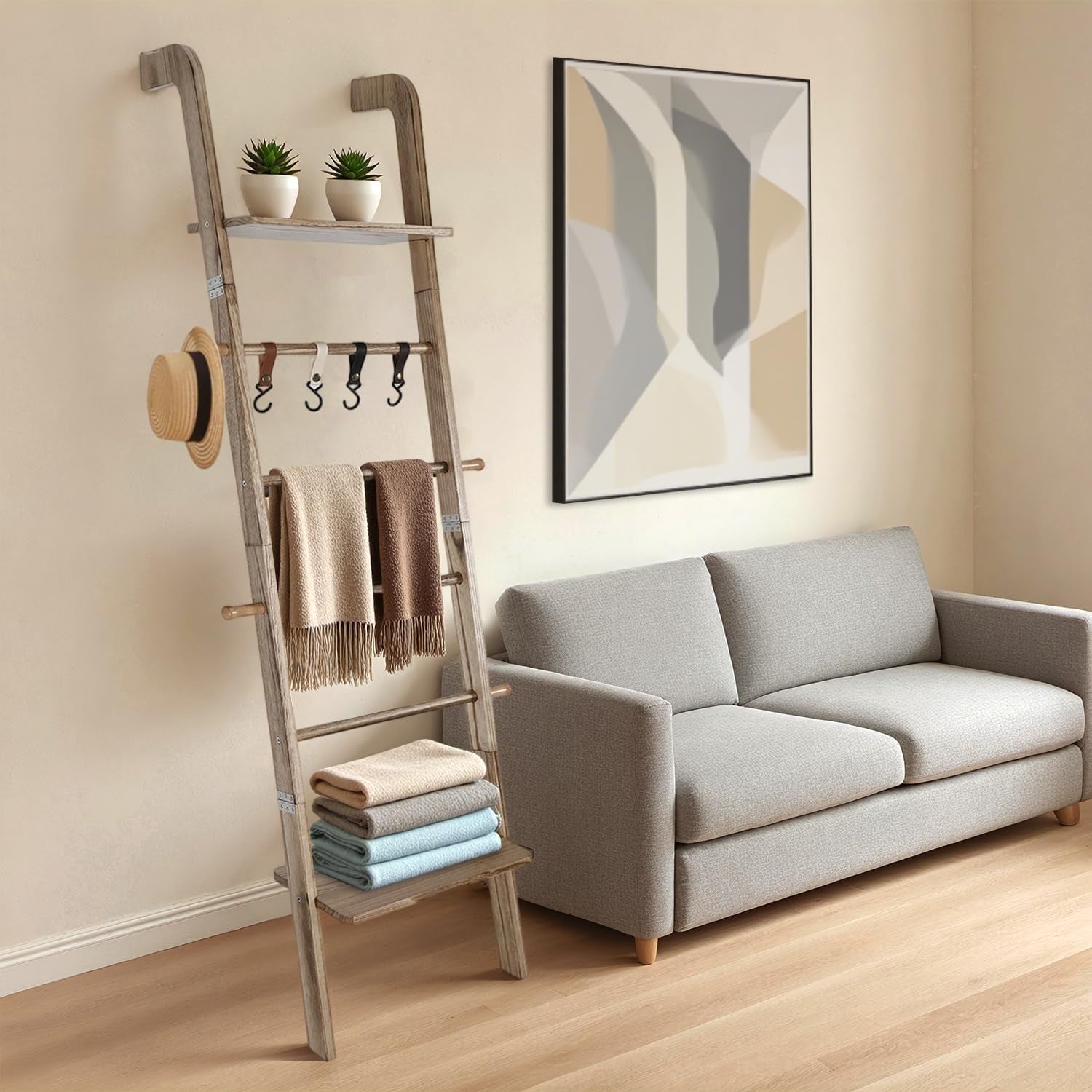 Wooden Ladder with Shelf for Room Decor, 6-Tier Decor Ladder with Non-Slip Mat & Hooks, Farmhouse Style Leaning Wall Display Holder