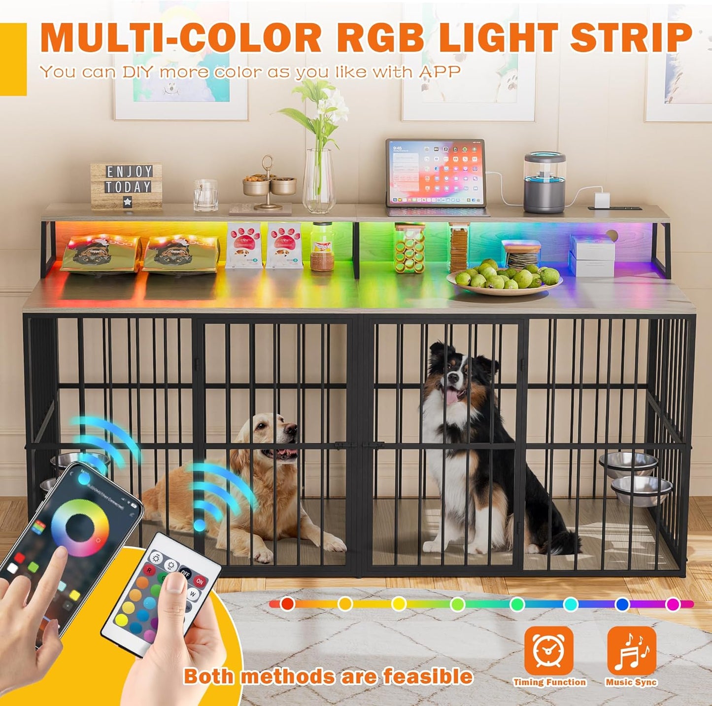 71" Dog Crate Furniture, Heavy Duty Large Dog Cage W/360° Rotating Feeder & LED Light & Power Outlets for 2 Dogs, XXL Double Dogs Kennel Furniture Indoor W/4 Lockable Doors & TV Stand Shelves