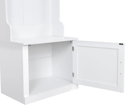 Minimalist Slim Hall Tree with Shoe Bench and 6 Hanging Hooks,Multi-Functional Entryway Coat Rack with Cabinet,Tall Hall Tree for Hallway,Living Room(White)