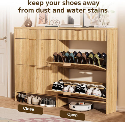 Fluted Shoe Cabinet Storage with 2 Flip Drawers & 1 Drawers, Wood Narrow Hidden Shoe Cabinet with Adjustable Shelf for Entryway, Freestanding Slim Shoe Rack Organizer for Foyer Hallway Living Room