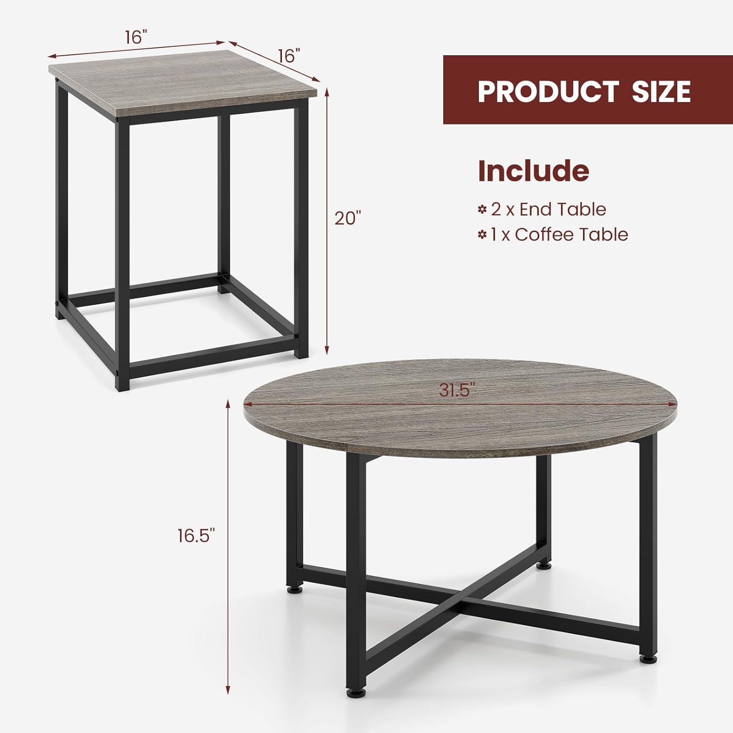 round Nesting Table Set of 3, Farmhouse Coffee Table W/2 End Tables, Sturdy Metal Frame, 3-Piece Wooden Living Room Table Set for Home Office, Apartment (Black Oak)