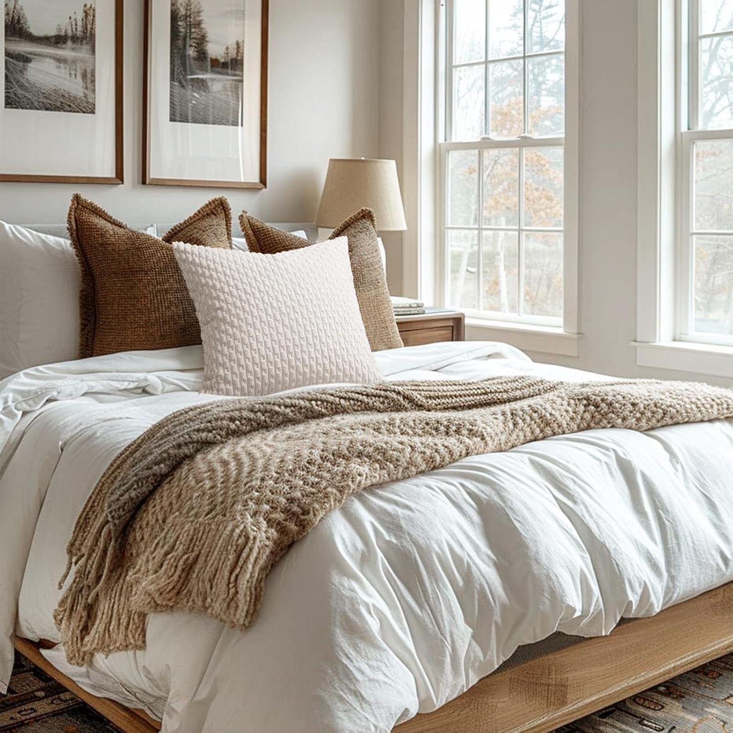 Throw Pillow Covers 18X18 Inch, Set of 2, Soft Corduroy Boho Stripe Decorative Pillow Cover, Couch Fluffy Pillow Cover for Farmhouse Home Decor Bed Living Room, Beige