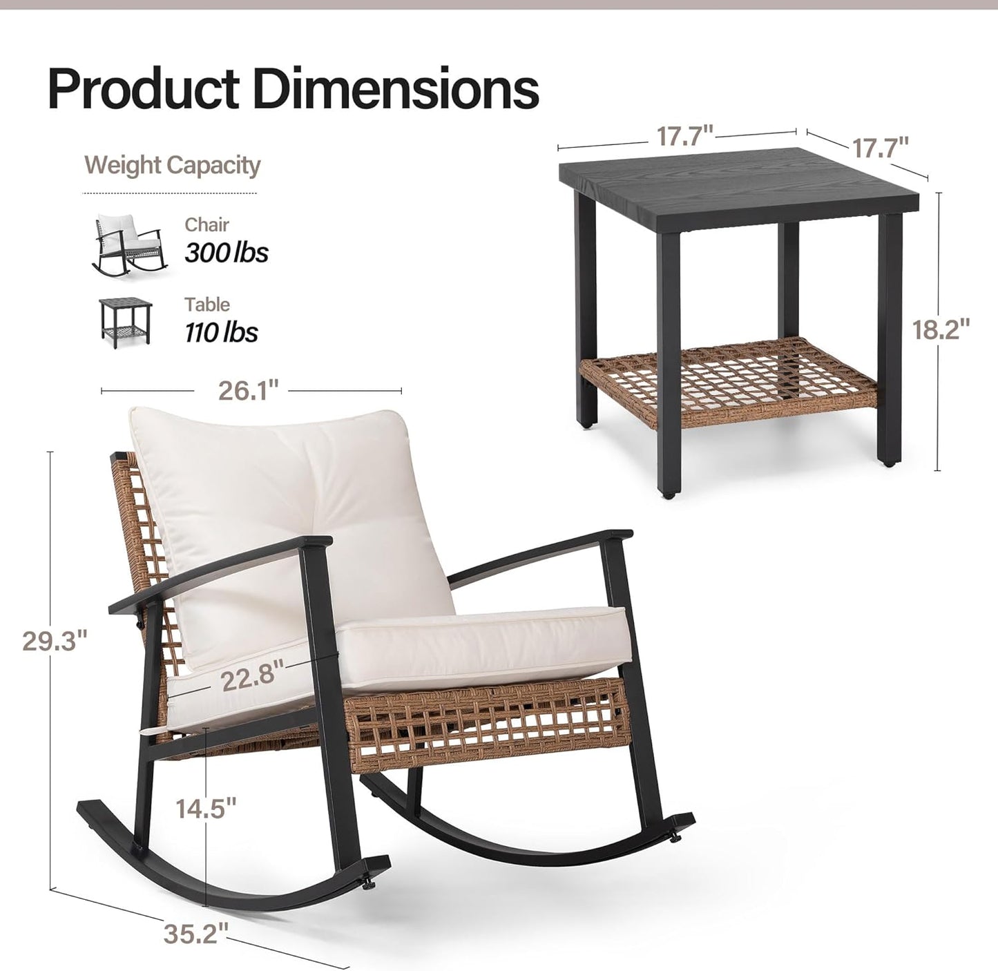 3-Piece Rocking Bistro Set, Outdoor Patio Furniture with Thick Cushions and 2-Tier Coffee Table, Oversize Rattan Conversation Set for Garden, Balcony, Backyard (Beige)