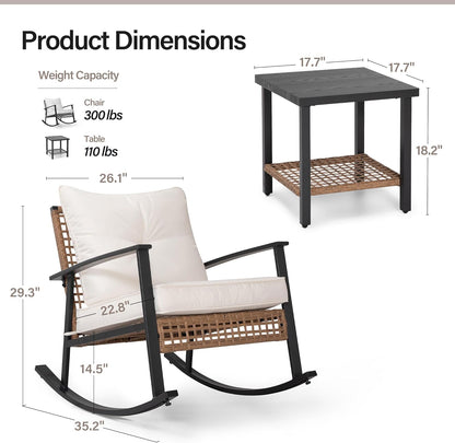 3-Piece Rocking Bistro Set, Outdoor Patio Furniture with Thick Cushions and 2-Tier Coffee Table, Oversize Rattan Conversation Set for Garden, Balcony, Backyard (Beige)