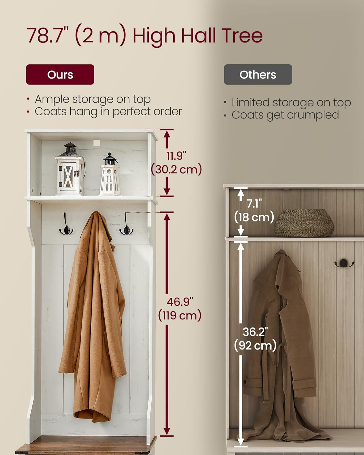 Hall Tree with Bench and Shoe Storage, Coat Rack with Shoe Bench, Entryway Furniture, 6 Tri-Hooks, Sliding Door, Farmfouse Style, Space Saving, Rustic White and Honey Brown UHSR442W01