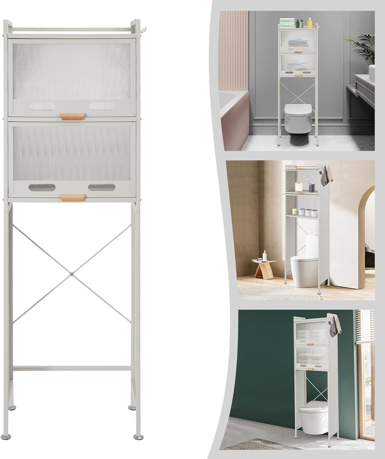 Over the Toilet Storage Cabinet with Flip Door, Metal Bathroom Shelf Organizer, Space Saver Freestanding Rack above Toilet Storage Cabinet with X-Shaped Crossbar (White)