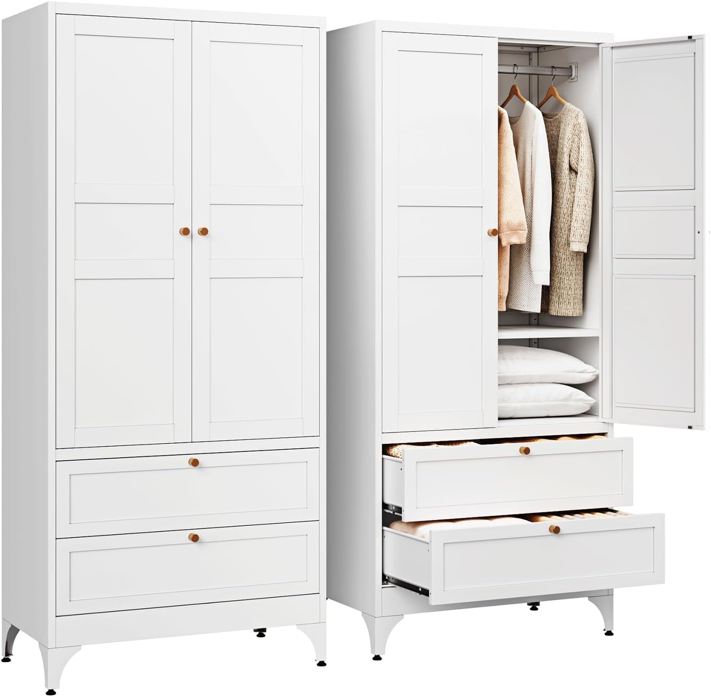 Metal Armoire Wardrobe Closet with 2 Drawers,18" Deep Clothing Storage Cabinet with Doors and Shelves,Coat Closet with Hanging Rod,Bedroom,Home,Cloak Room,White