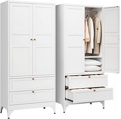 Metal Armoire Wardrobe Closet with 2 Drawers,18" Deep Clothing Storage Cabinet with Doors and Shelves,Coat Closet with Hanging Rod,Bedroom,Home,Cloak Room,White