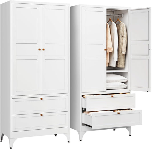 Metal Armoire Wardrobe Closet with 2 Drawers,18" Deep Clothing Storage Cabinet with Doors and Shelves,Coat Closet with Hanging Rod,Bedroom,Home,Cloak Room,White