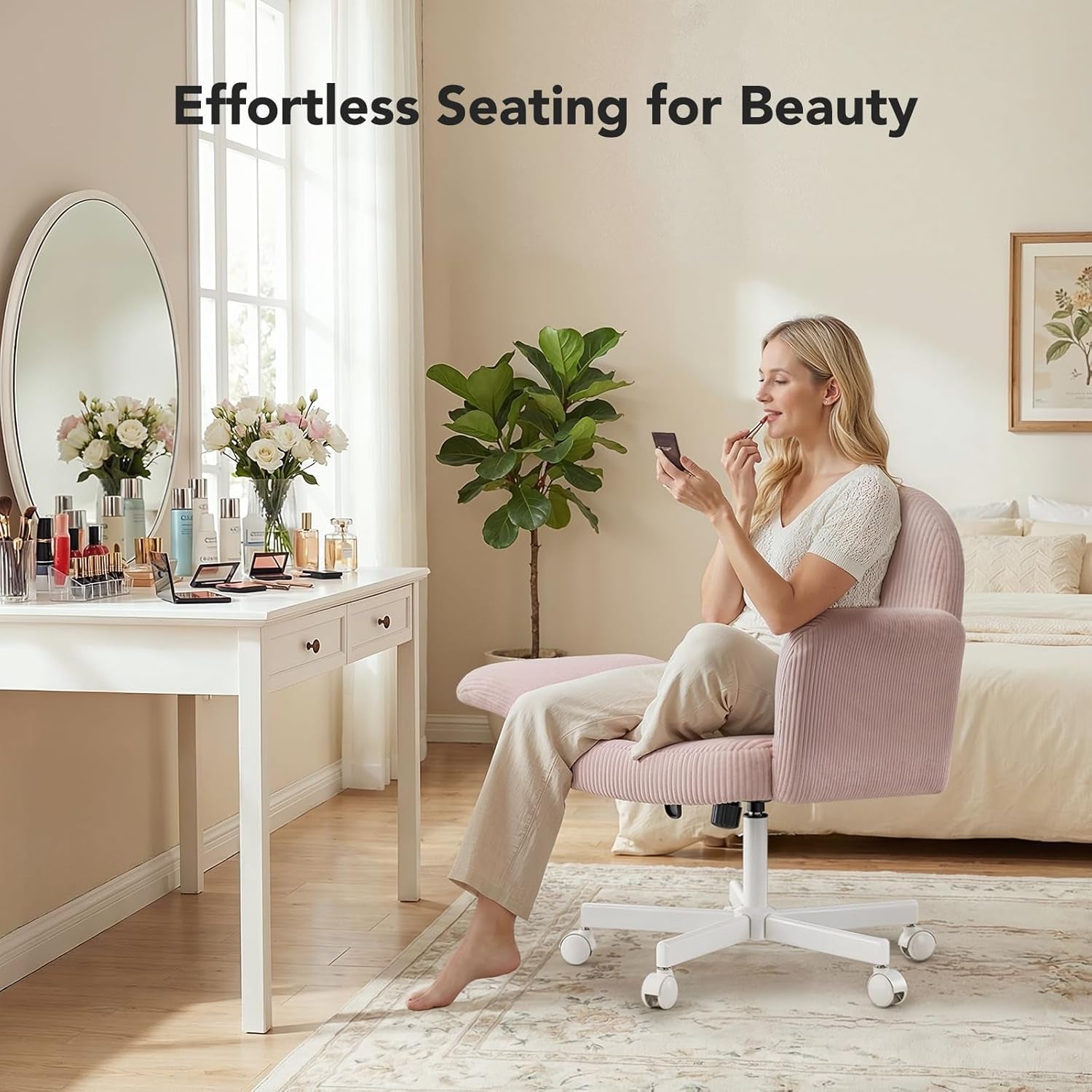 Criss Cross Office Chair for Women, Cross Legged Desk Chair with Adjustable Armrests, Soft Corduroy Fabric for Small Spaces, Petite Home Office Computer Chair for Girls, Pink