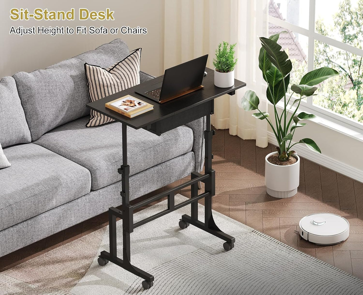 Adjustable Height Standing Desk with Drawer, Rolling Sit Stand up Desk with Wheels, Small Sit to Stand Computer Desk, Adjustable Desktop Height, on Wheels, Black, for Walking Pad Laptop Treadmill
