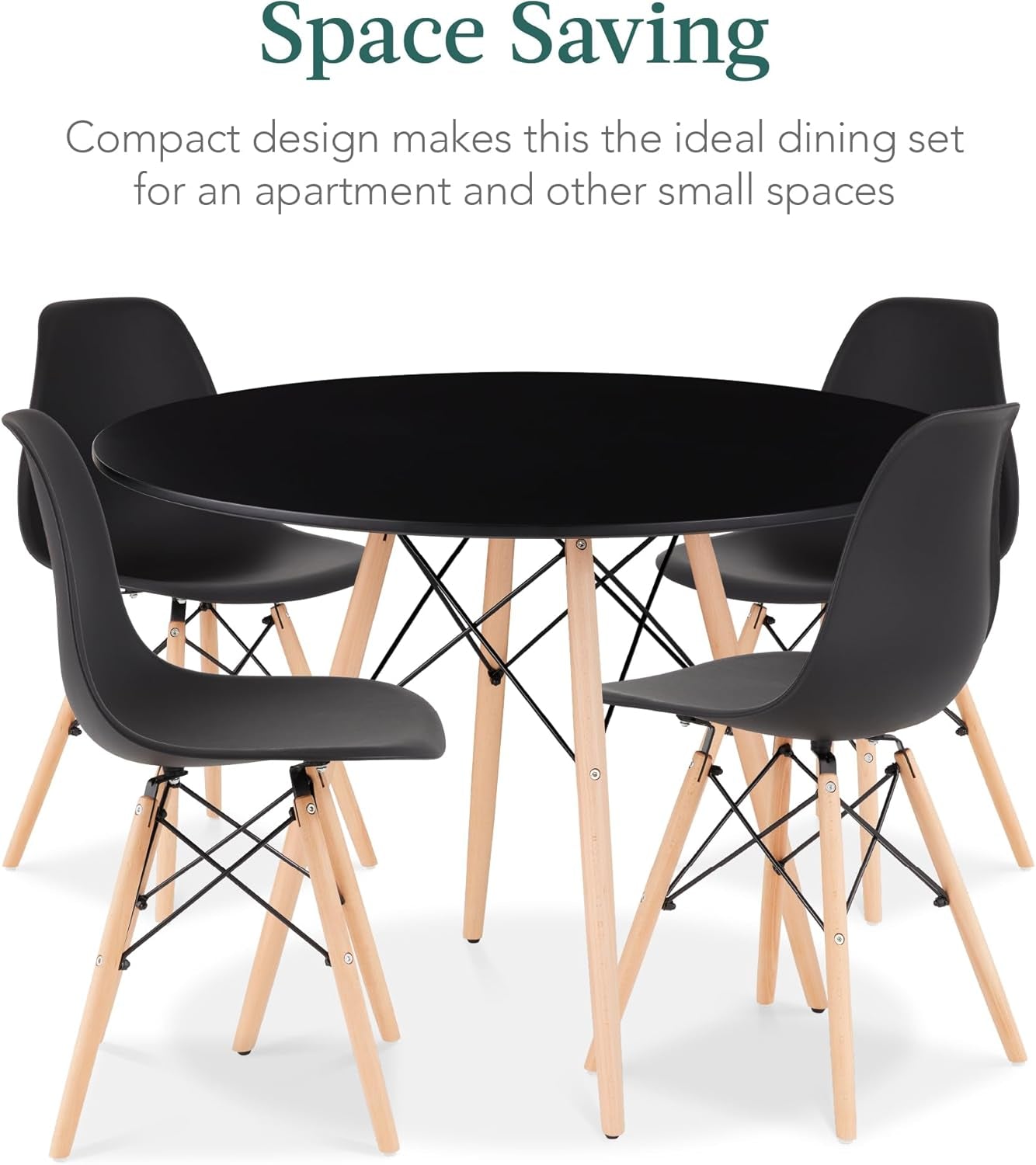 5-Piece Dining Set, Compact Mid-Century Modern Table & Chair Set for Home, Apartment W/ 4 Chairs, Plastic Seats, Wooden Legs, Metal Frame - Black/Oak