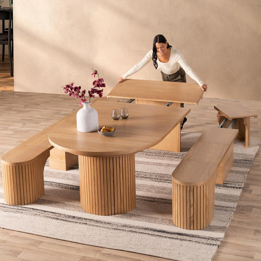 Expandable round Dining Table Set for 4 to 8, Modern Dining Table with Hidden Storage & Dining Bench, Extendable Dining Room Table & Wood Bench for Kitchen and Dining Room Furniture