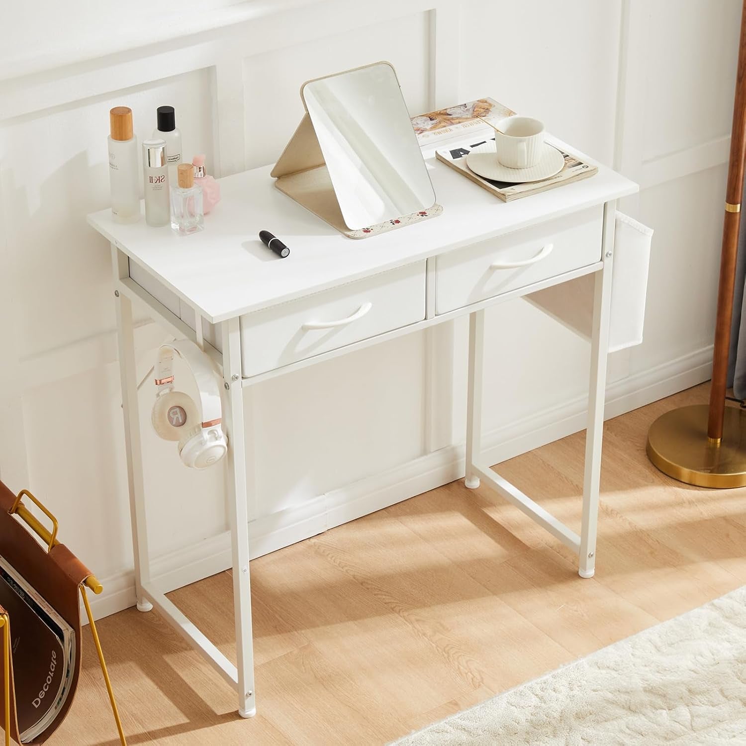 32" Home Office Computer Desk with Drawers, Small Gaming Writing Study Table with Storage Side Bag, Headphone Hook and Adjustable Feet for Bedroom White