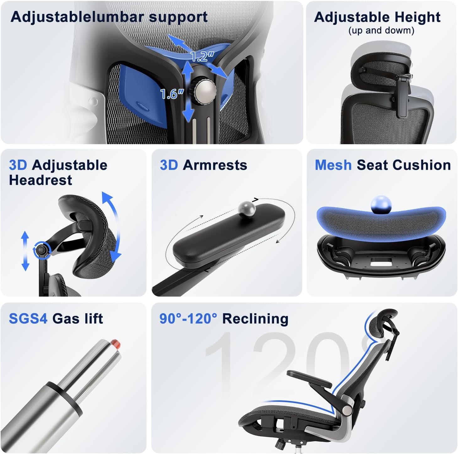 Ergonomic Office Chair，Mesh Seat Cushion with 3D Armrests and 3D Headrest, Adjustable Lumbar Support with Rocking Function, SGS Class 4 Gas Clylinder，Black