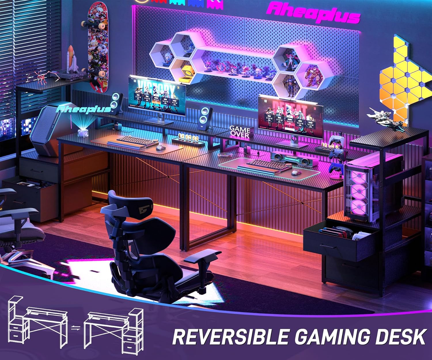 Gaming Desk with LED Strip & Power Outlet, 59Inch Reversible Computer Desk with Monitor Stand & Storage Shelves, Home Office Desks with Fabric File Drawer, PC Gamer Table, Carbon Fiber Black