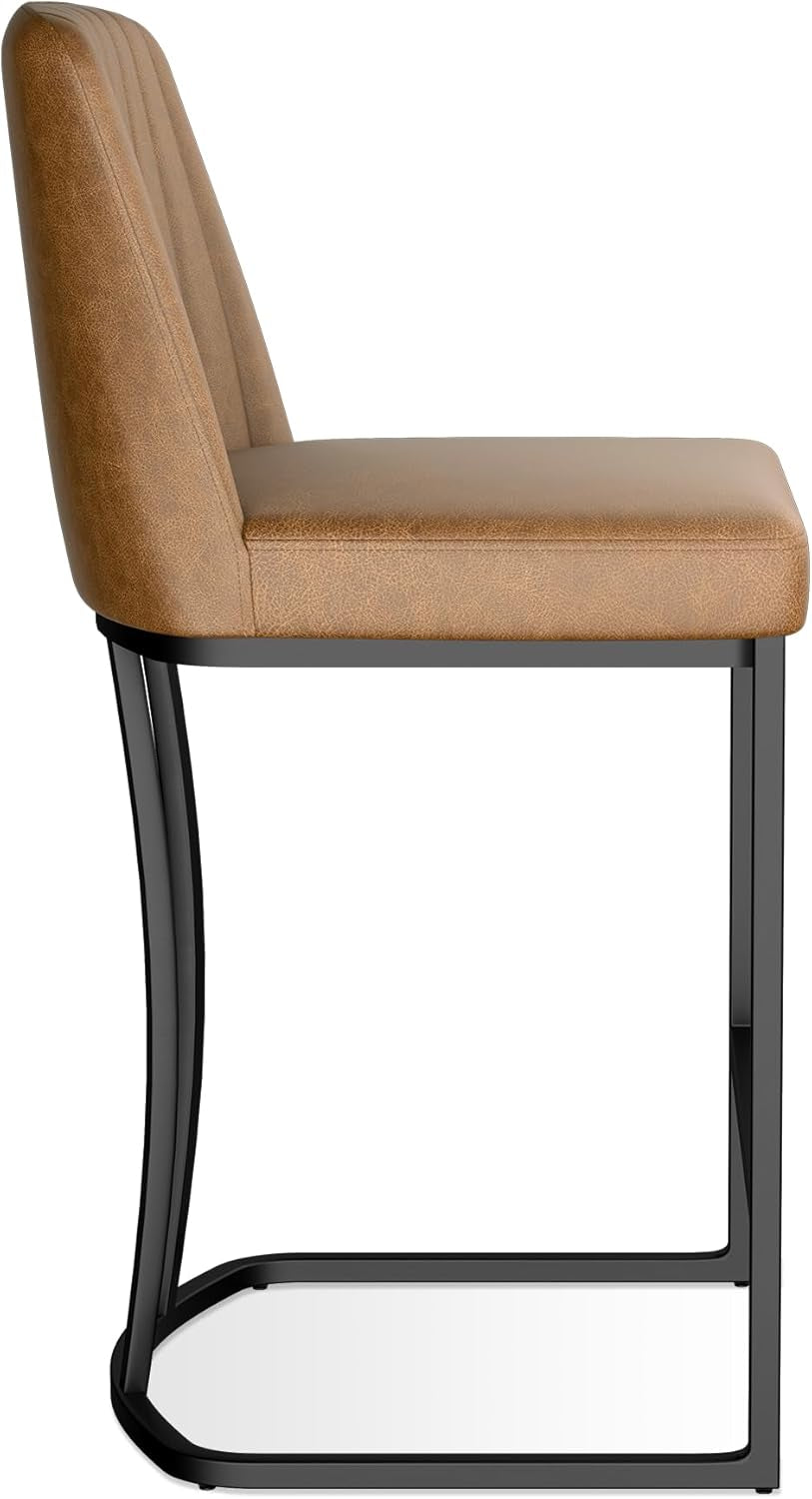 Counter Height Bar Stools Set of 2, Upholstered Leather Barrel Barstools with Back and Metal Legs for Kitchen Island, 27.4" Seat Height, Fabric in Faux Leather, Rustic Brown