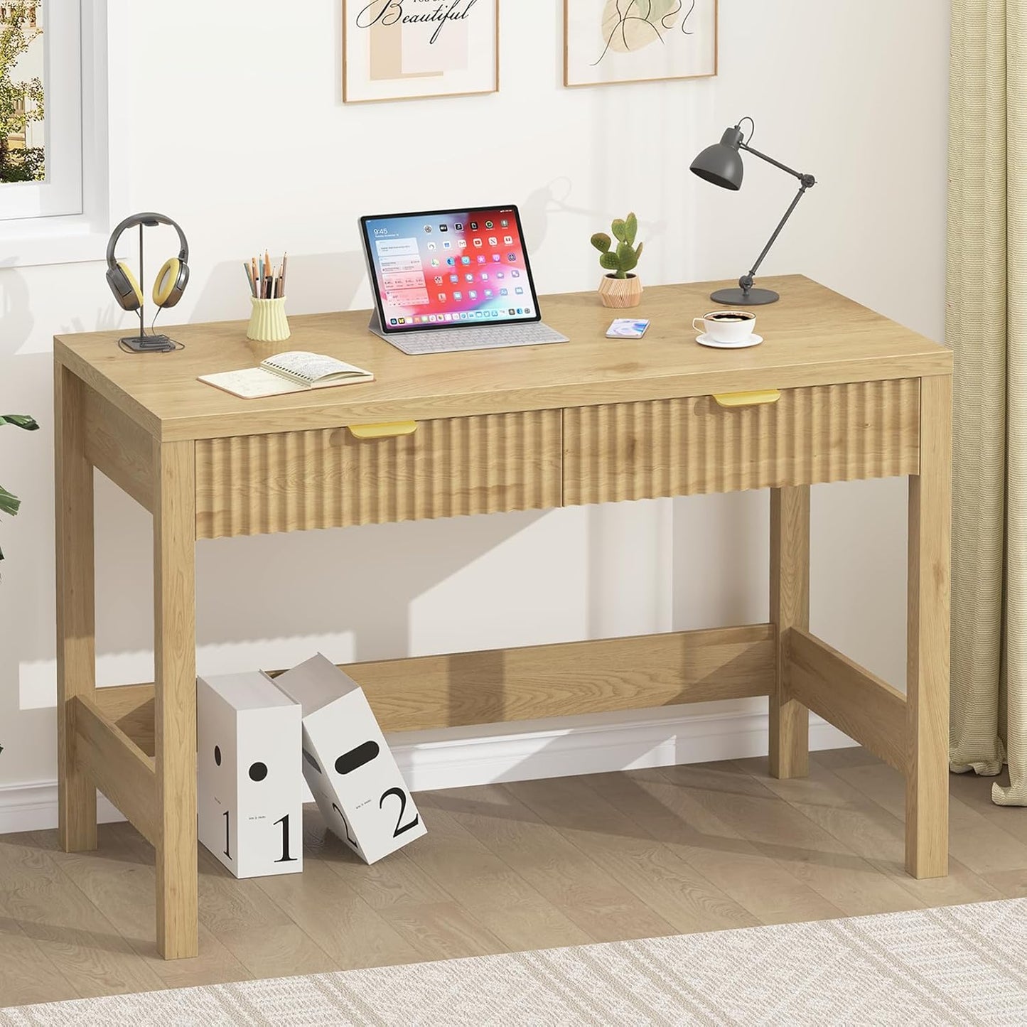 Fluted Computer Desk with 2 Drawers, 39 Inch Small Computer Desk with Storage, Compact Writing Study Desk for Small Spaces