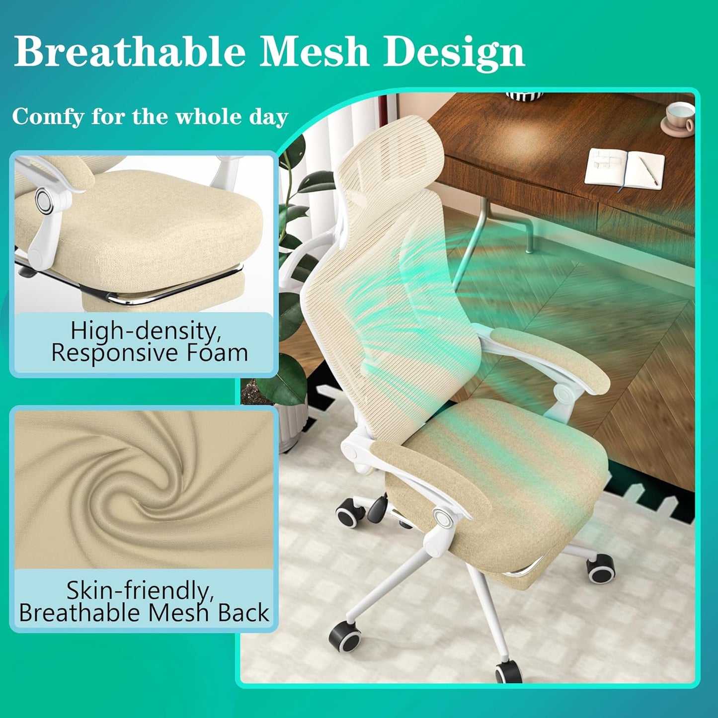 Ergonomic Office Chair - Adjustable Lumbar & Headrest, 90-160° Reclining with Footrest, Breathable Mesh Back - Home Office/Gaming Computer Chair (Beige, 300Lbs Capacity)