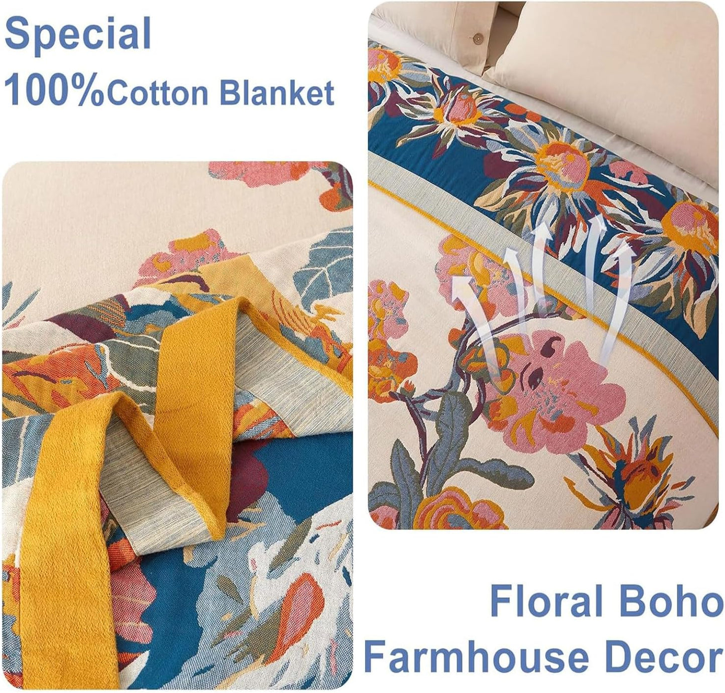 Boho Throw Blanket - 100% Cotton Soft Throw Blanket for Bed, 50"X60" Reversible Breathable Lightweight Fall Blankets, All Seasons Farmhouse Decor Floral Plant Butterfly Throw Quilt