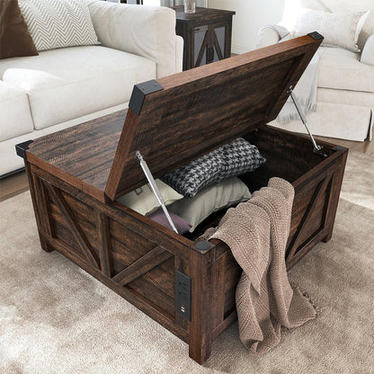 Farmhouse Lift Top Coffee Table with Storage, Wood Square Center Table with Charging Station&Usb Port, Living Room Table W/Large Hidden Space, for Living Room, Bedroom, Home Office, Brown