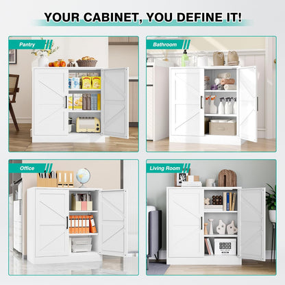 White Storage Cabinet with Doors and Adjustable Shelves,36" Farmhouse Food Pantry Cabinets,Small Sideboard Cabinet,Short Metal Storage Cabinets for Home Kitchen,Dining/Living/Laundry/Room