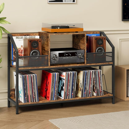 43" Vinyl Record Storage Holder, Large Record Player Table, Holds up to 400 Albums, Vinyl Record Player Display Stand, Removable Dividers, for CD, Audio Equipment Storage, Rustic Brown TCW77BF