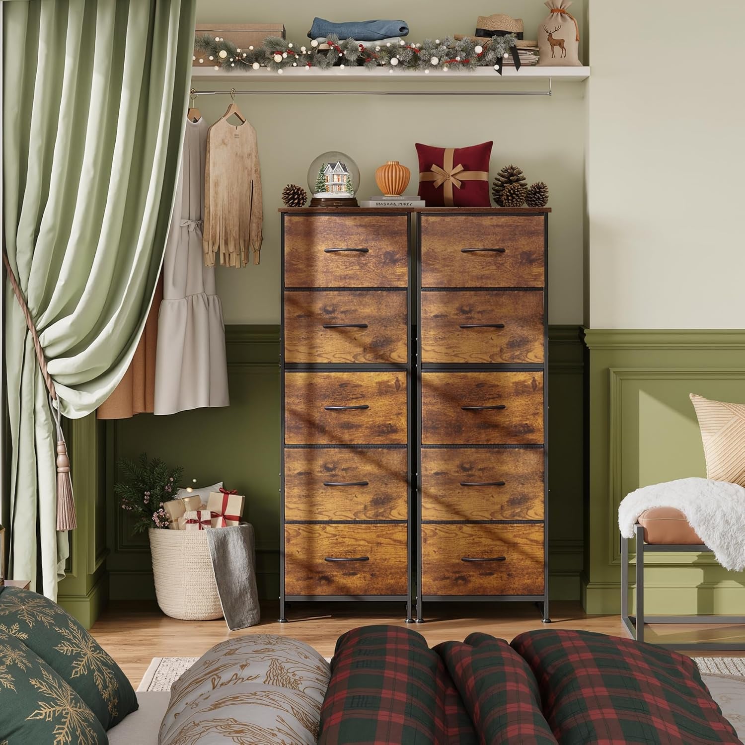 Fabric Dresser for Bedroom, 5-Drawer Tall Dressers, Storage Organizer with Fabric Bins, Wood Top, Sturdy Steel Frame, Chest of Drawers for Closet, Hallway, Rustic Brown Wood Grain Print