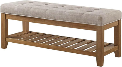 Large Rectangular Upholstered Tufted Linen Fabric Ottoman Bench, Padded Bench with Solid Wood Shelf-Linen