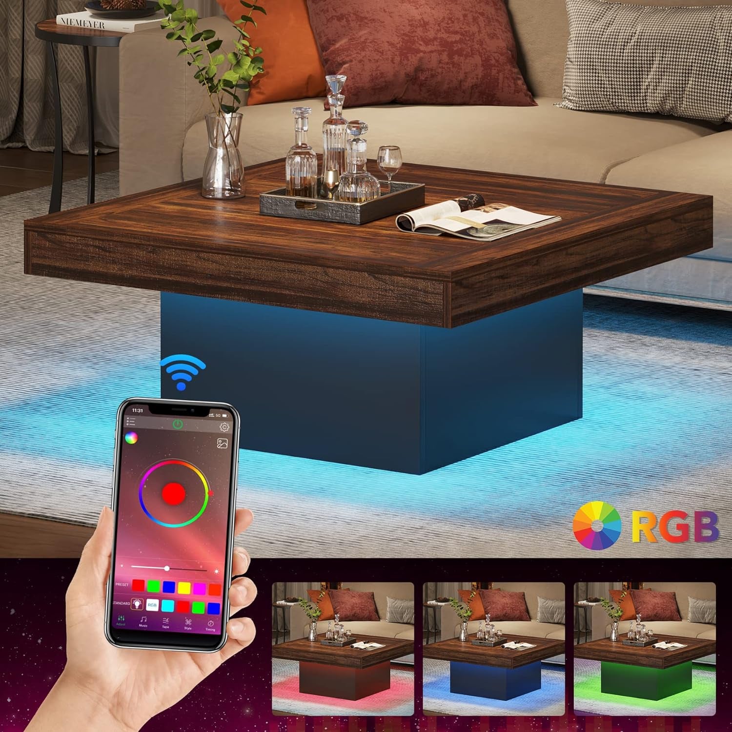 Coffee Table Square LED Coffee Table Engineered Wood Low Center Cocktail Tables for Living Room (Rustic Brown+Black)