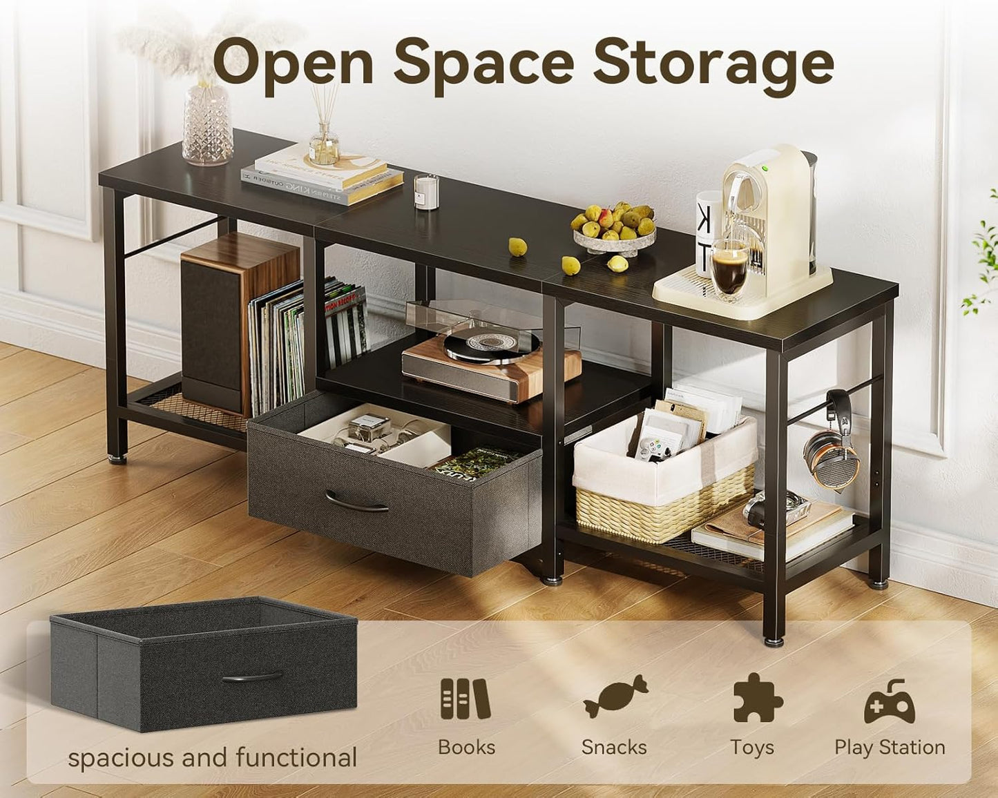 47" TV Stand with Open Storage Shelves for 43, 50 Inch TV, Entertainment Center with Fabric Drawers, TV Console Table with Soundbar Shelf TV Stand for Living Room Bedroom, Pure Black