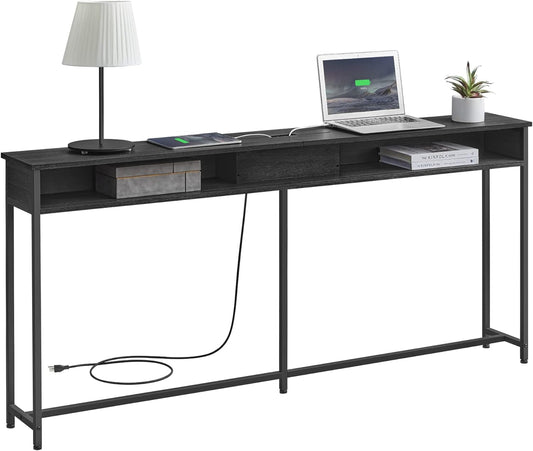 70.9-Inch Console Table with Outlet and Shelves, Sofa Table with Charging Station, behind Couch Table Skinny, Entryway Table for Hallway, Living Room, Charcoal Gray and Ink Black ULNT118B22
