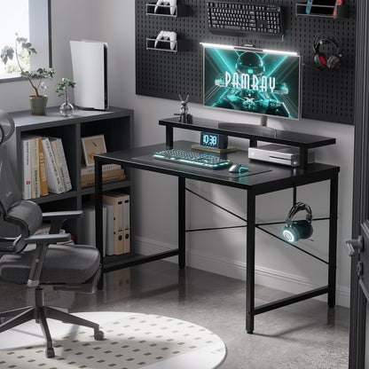 32 Inch Small Computer Desk with Monitor Stand, Simple Office Desk with Headphone Hook for Small Spaces, Kids Study Writing Table for Bedroom, Black