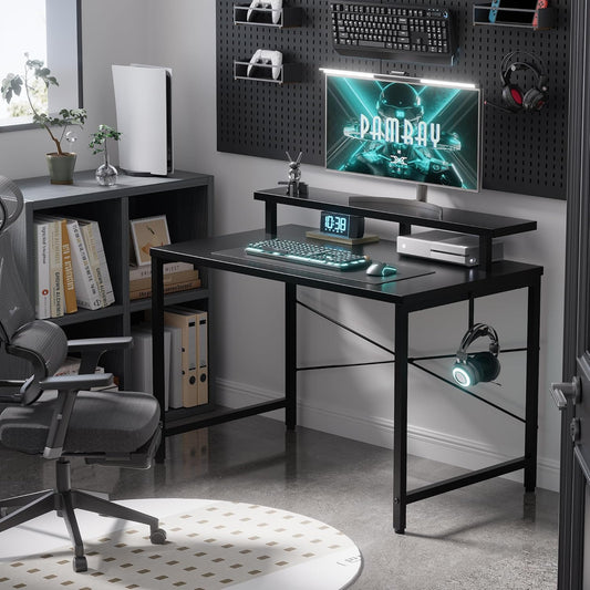 32 Inch Small Computer Desk with Monitor Stand, Simple Office Desk with Headphone Hook for Small Spaces, Kids Study Writing Table for Bedroom, Black
