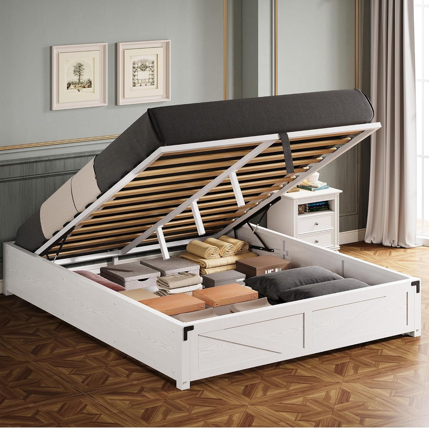 Platform Queen Size Bed Frame, Farmhouse Bed Frames with Lift up Storage, Wooden Slats, Sturdy and No Noise, Easy Assembly, White