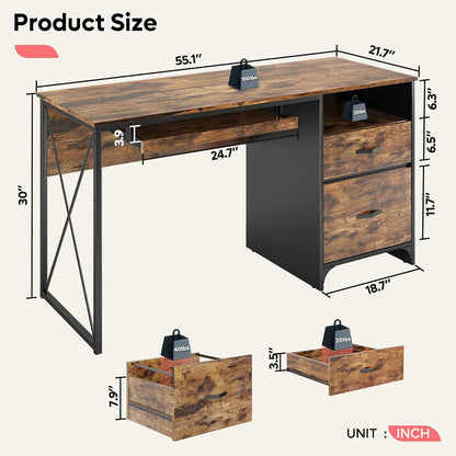 Office Desk with Drawers, 55 Inch Industrial Computer Desk with Storage, Wood Teacher Desk with Keyboard Tray & File Drawer for Home Office, Rustic Brown