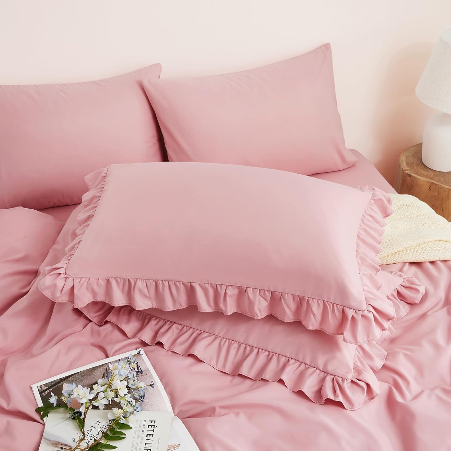 2 Pack Pink Ruffle Pillowcases King Size, 20" X 36" Ruffle Pillow Covers Ultra Soft Microfiber Ruffled Fringe Pillow Shams, Shabby Chic Pillow Cases