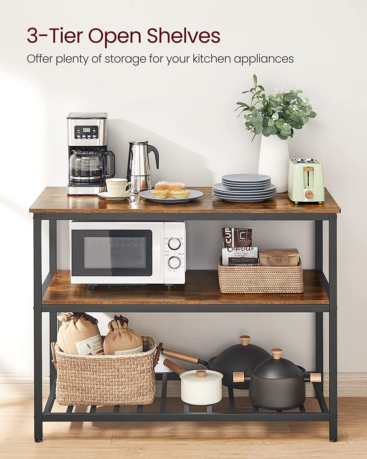 Kitchen Island with 3 Shelves, 47.2 Inches Width Kitchen Shelf with Large Worktop, Stable Steel Structure, Industrial, Easy to Assemble, Rustic Brown and Black UKKI01BX