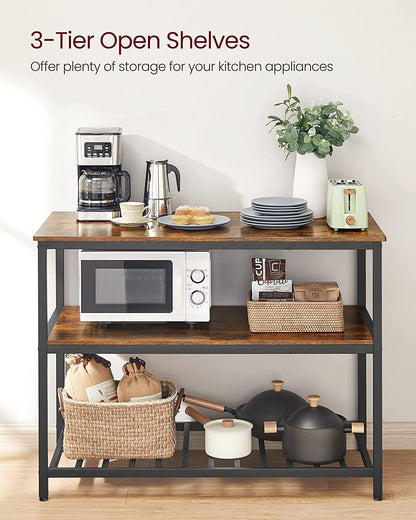 Kitchen Island with 3 Shelves, 47.2 Inches Width Kitchen Shelf with Large Worktop, Stable Steel Structure, Industrial, Easy to Assemble, Rustic Brown and Black UKKI01BX