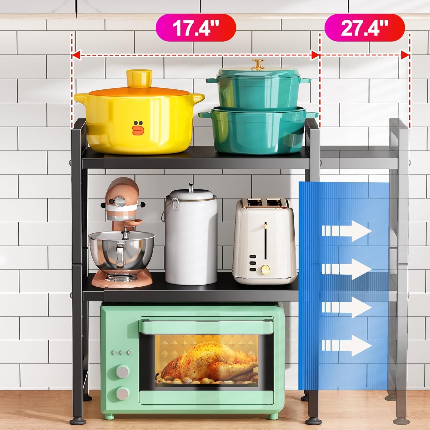 Microwave Stand, 3-Tier Expandable(17.4"- 27.4") Heavy Duty Adjustable Shelf Microwave Oven Rack, Kitchen Countertop Organizer and Storage with 9 Hooks & Cutting Board Holder, Holds up 180 Lbs, Black