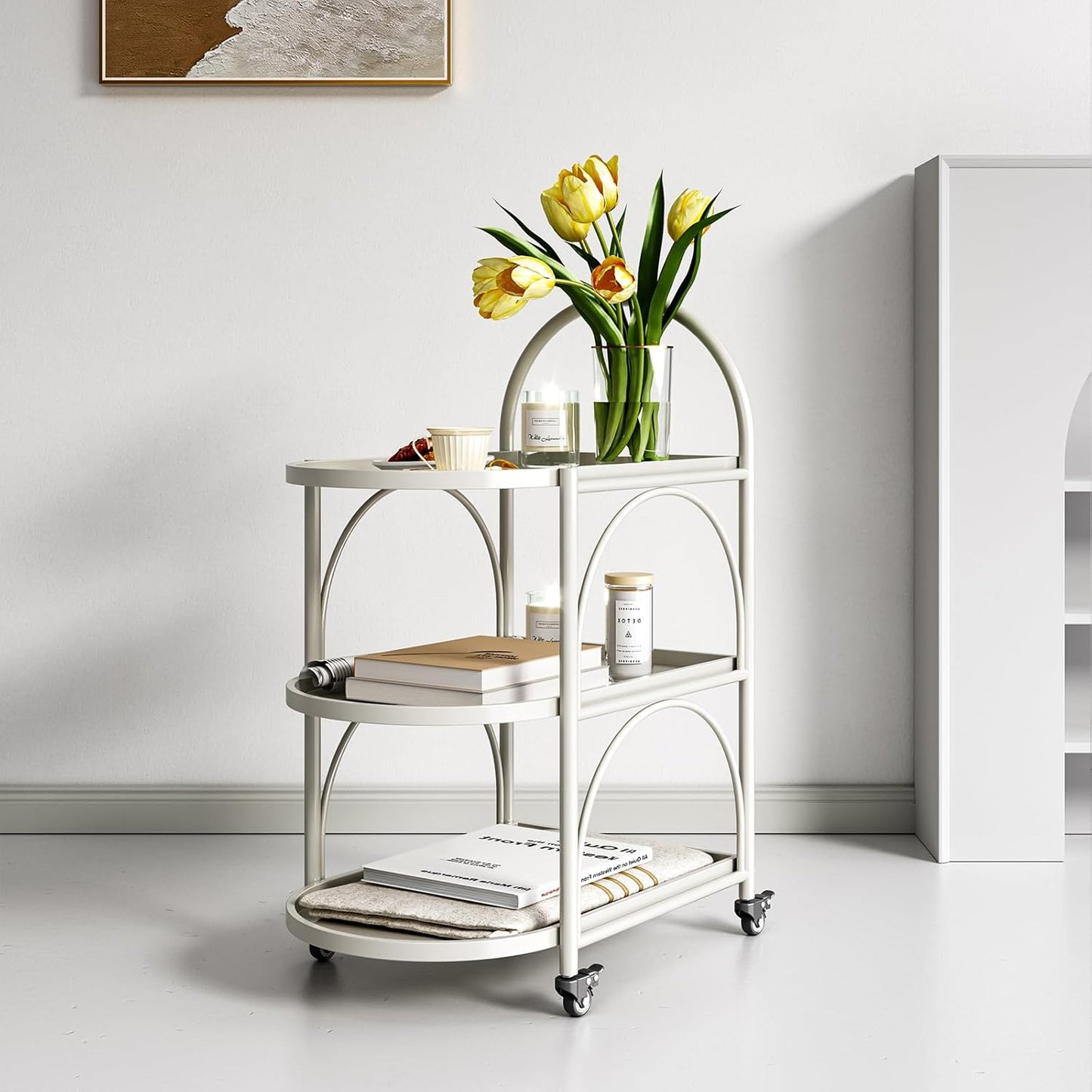 Bar Cart,Metal Serving Cart for the Home,Small Coffee Cart,Drink Cart,Beverage Cart with Lockable Wheels,Mobile Rolling Cart for Kitchen Living Room (White)