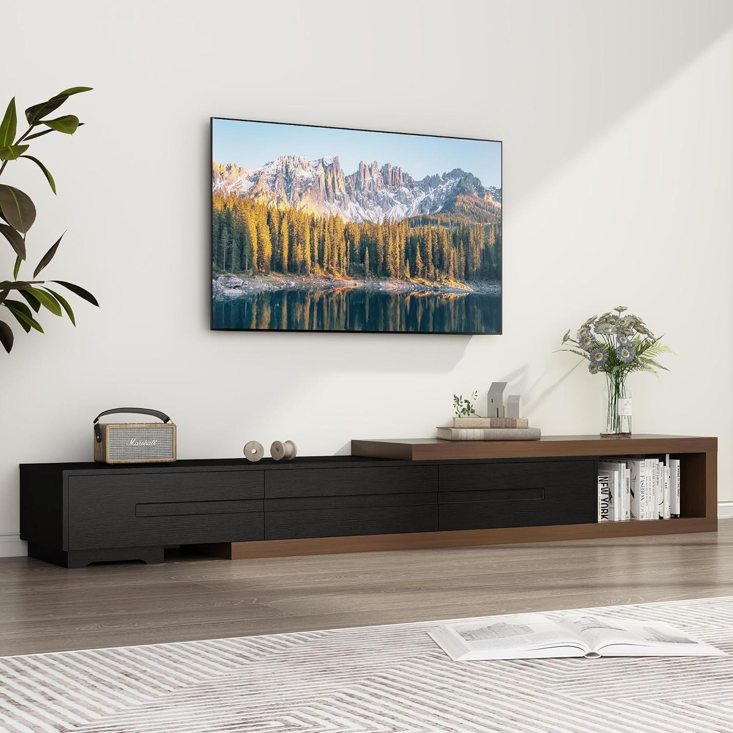 Extendable TV Stand, Modern Entertainment Center for up to 120 Inch TV, Wood Reversible TV Media Console with 3 Drawers for Living Room Bedroom, 82-110"(Black& Walnut)