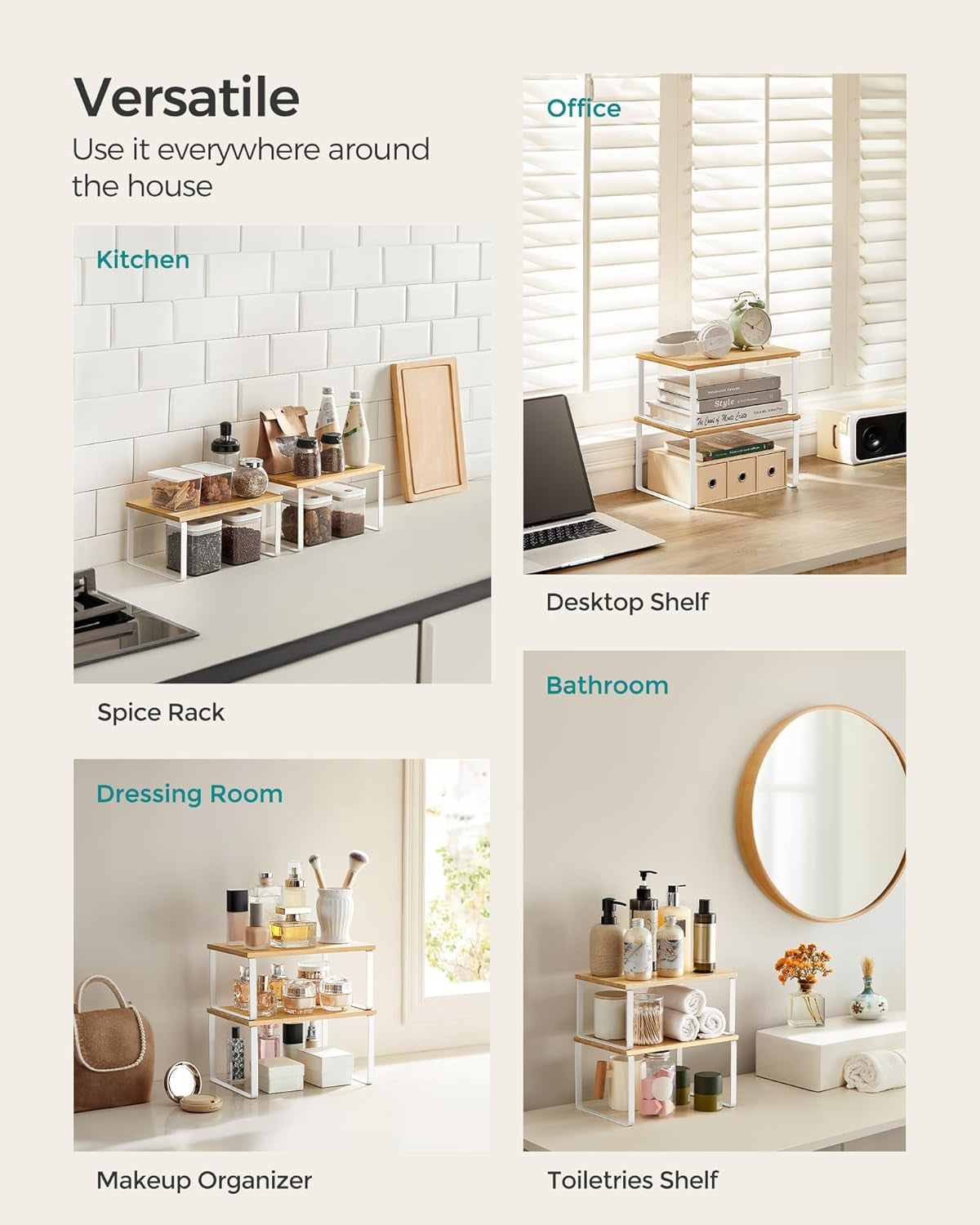 Cabinet Organizer Shelf, Set of 4 Kitchen Counter Shelves, Kitchen Storage, Spice Rack, Stackable, Expandable, Metal and Engineered Wood, Cloud White and Natural Beige UKCS010N01