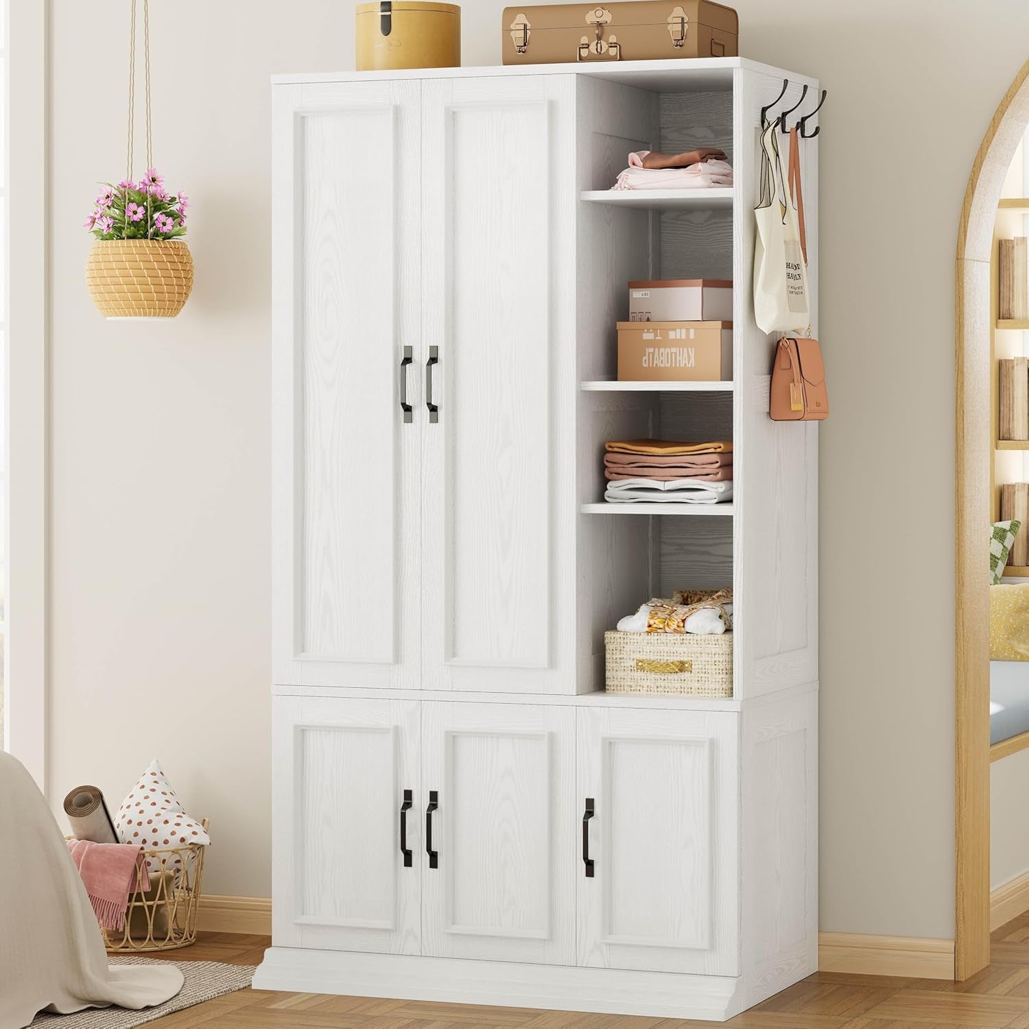 Armoire Wardrobe Closet 70" H, 5 Doors Bedroom Wooden Wardrobe with 4 Storage Shelves and Hanging Rod, Clothing Storage Cabinet Organizer Combination, White