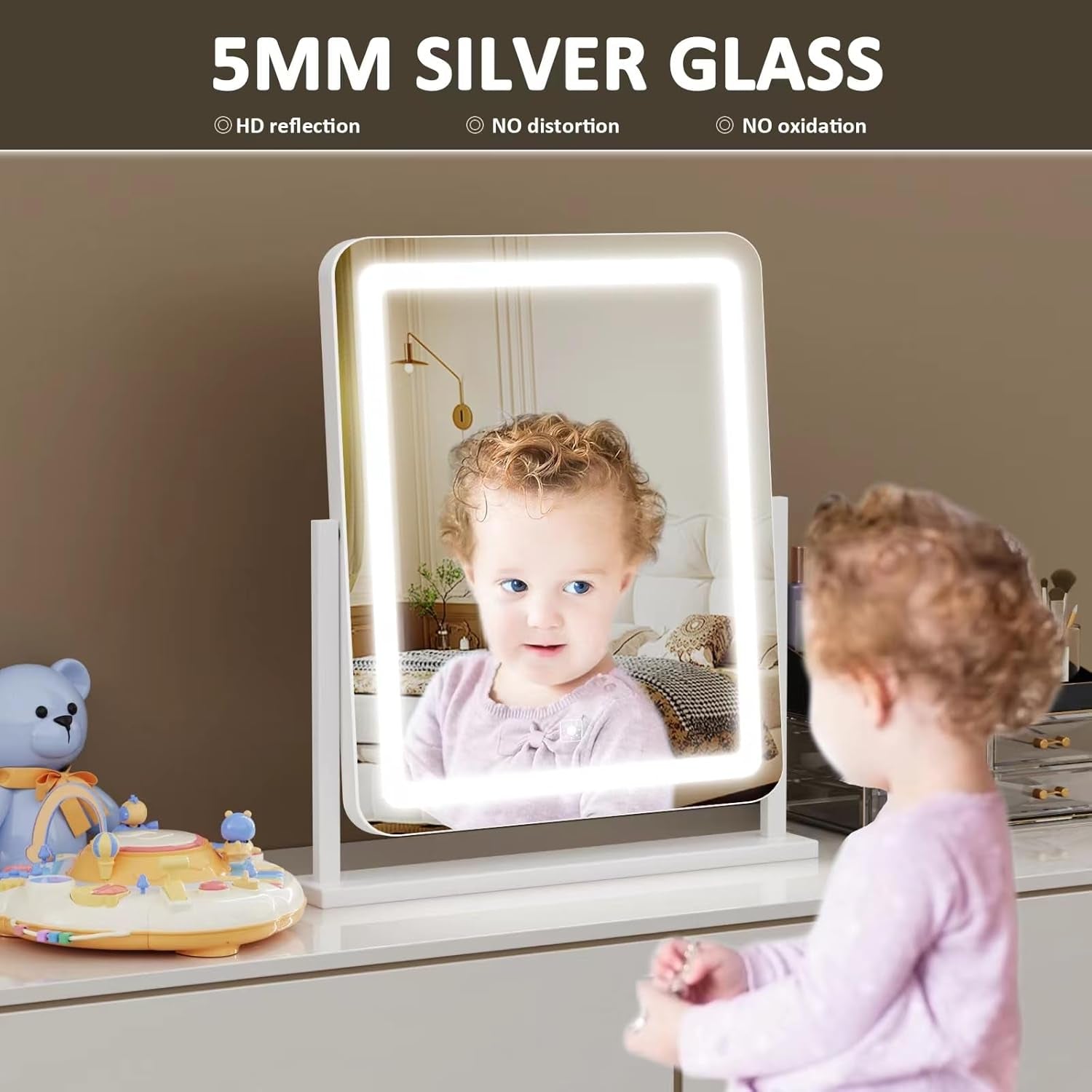 Makeup Vanity Mirror with Lights 15.2" Large LED Lighted Mirror, Hollywood Make up Mirror with Lighting for Bedroom Tabletop, Smart Touch,Detachable 10X Magnification 360° Rotation, (White)