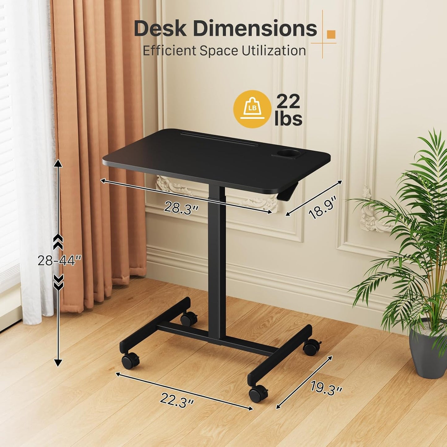Mobile Standing Desk, Rolling Laptop Cart Adjustable Height with Cup Holder, 28 Inch Portable Table with 4 Lockable Wheels, Black Computer Workstation with Hook and Slots for Home Office