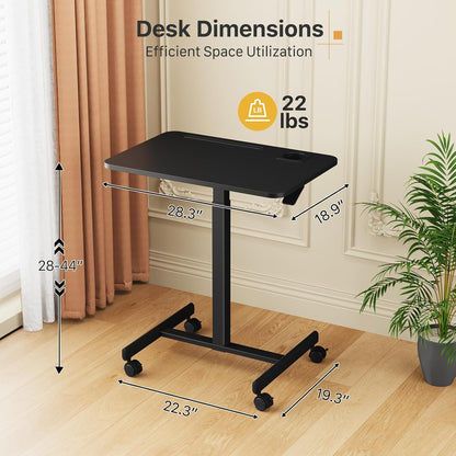 Mobile Standing Desk, Rolling Laptop Cart Adjustable Height with Cup Holder, 28 Inch Portable Table with 4 Lockable Wheels, Black Computer Workstation with Hook and Slots for Home Office